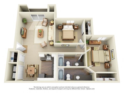 Floor plan for 2 beds, 2 baths, 963 sqft